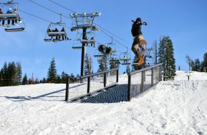 A snowboarder enjoys the rails at Boreal Mountain, which was one of the first Lake Tahoe resorts to open, beginning its season in early November.