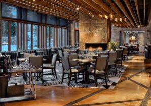 The new Manzanita Restaurant The new dining room features high, soaring beams, exposed stone, and a glowing fireplace that’s centrally located. And the window views of the mountain face are invigorating, no matter what time of year.